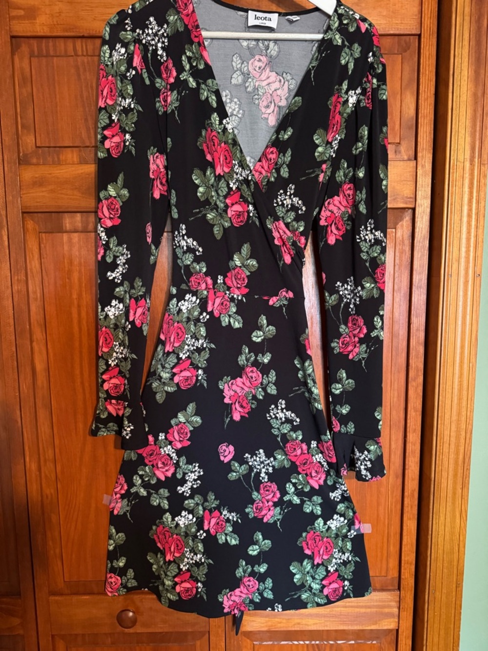 Leota Black Floral Long-Sleeve Wrap Dress with Pink Roses